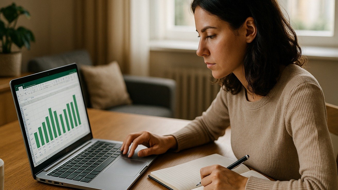 Pessoa estudando Excel sozinha em casa com notebook, planilha aberta, caderno de anotações e relógio marcando início da manhã.