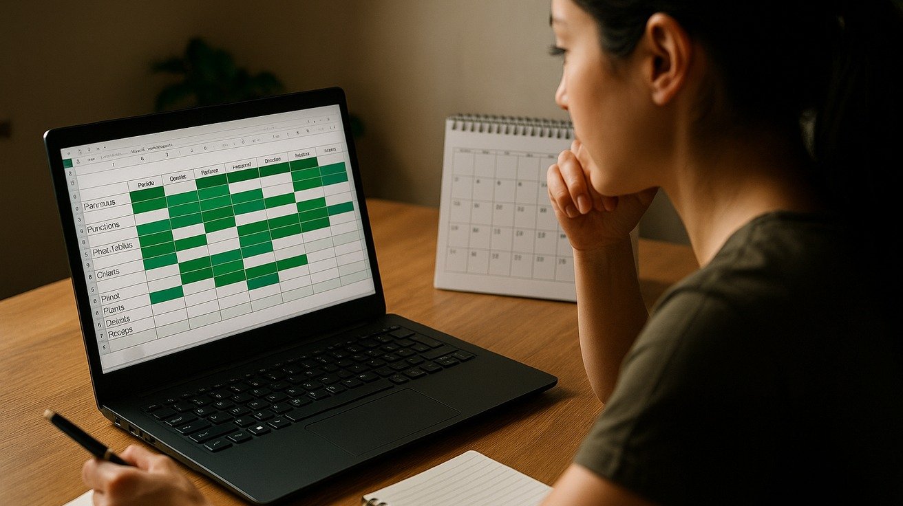 Pessoa analisando cronograma de estudo de Excel no notebook com calendário de parede e bloco de notas sobre a mesa.