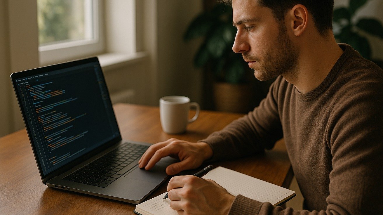 Pessoa estudando Python no notebook em casa, editor de código aberto, caderno de anotações ao lado e ambiente organizado de estudo.