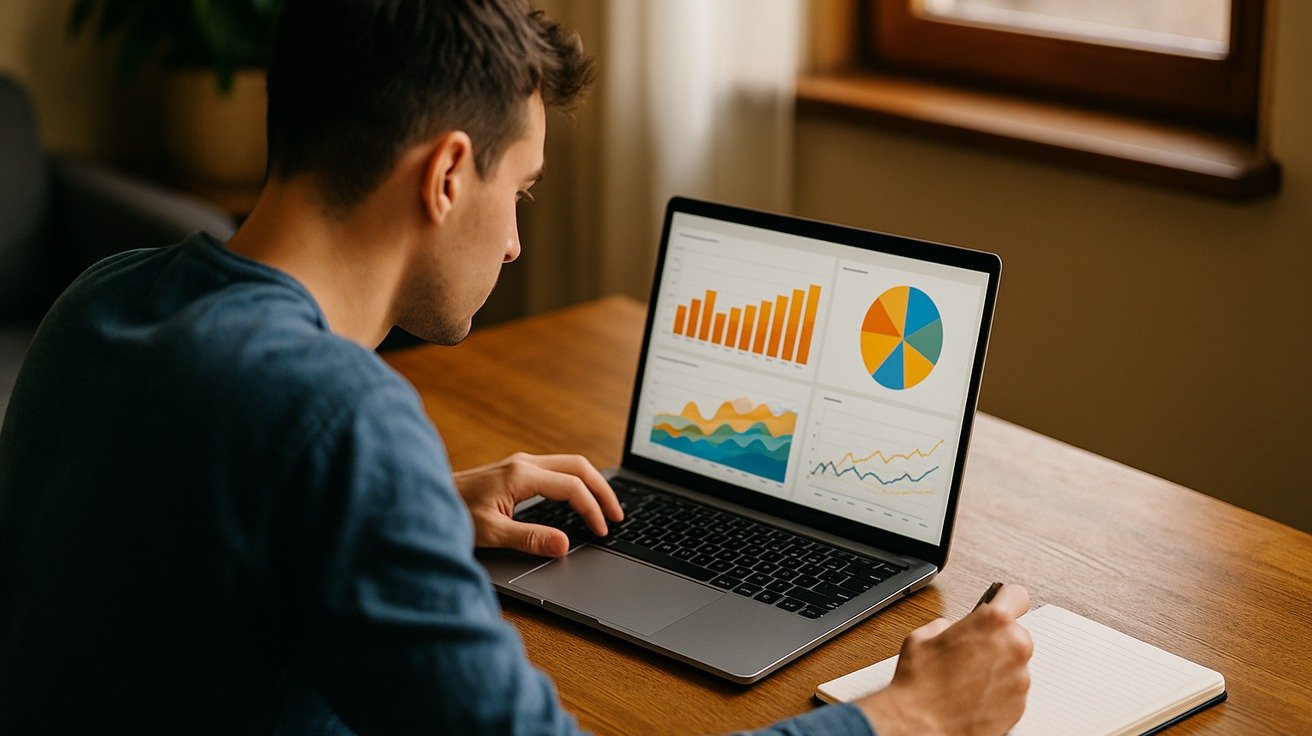 Pessoa estudando Power BI no notebook em casa, dashboard aberto na tela, bloco de notas ao lado e ambiente organizado de estudo.
