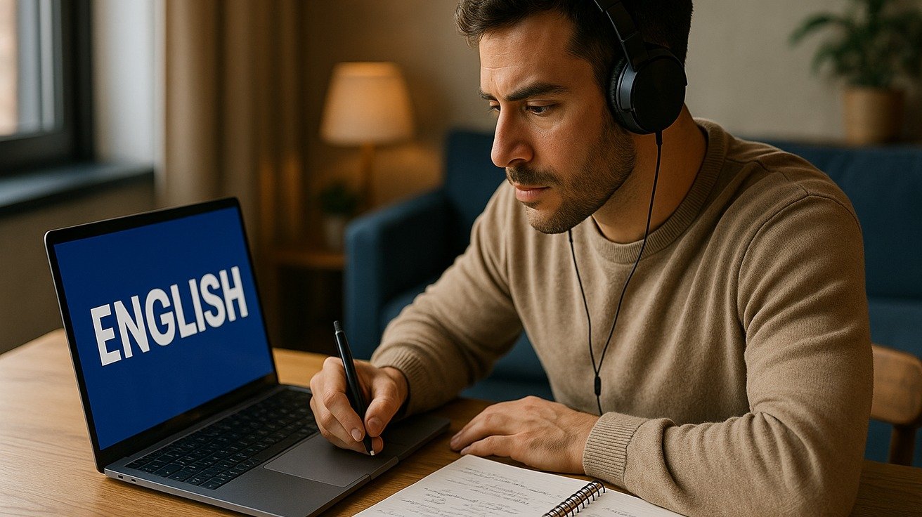 Pessoa estudando Inglês em casa com notebook, caderno aberto com anotações, fones de ouvido e ambiente organizado de estudo.