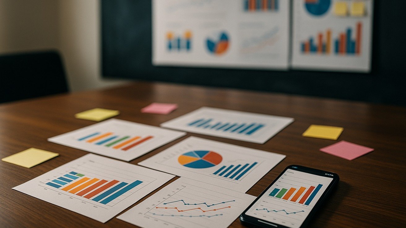 Painel editorial com gráficos de campanha desfocados, post-its estratégicos, smartphone com métricas fora de foco, mesa de reunião e atmosfera de planejamento de marketing.