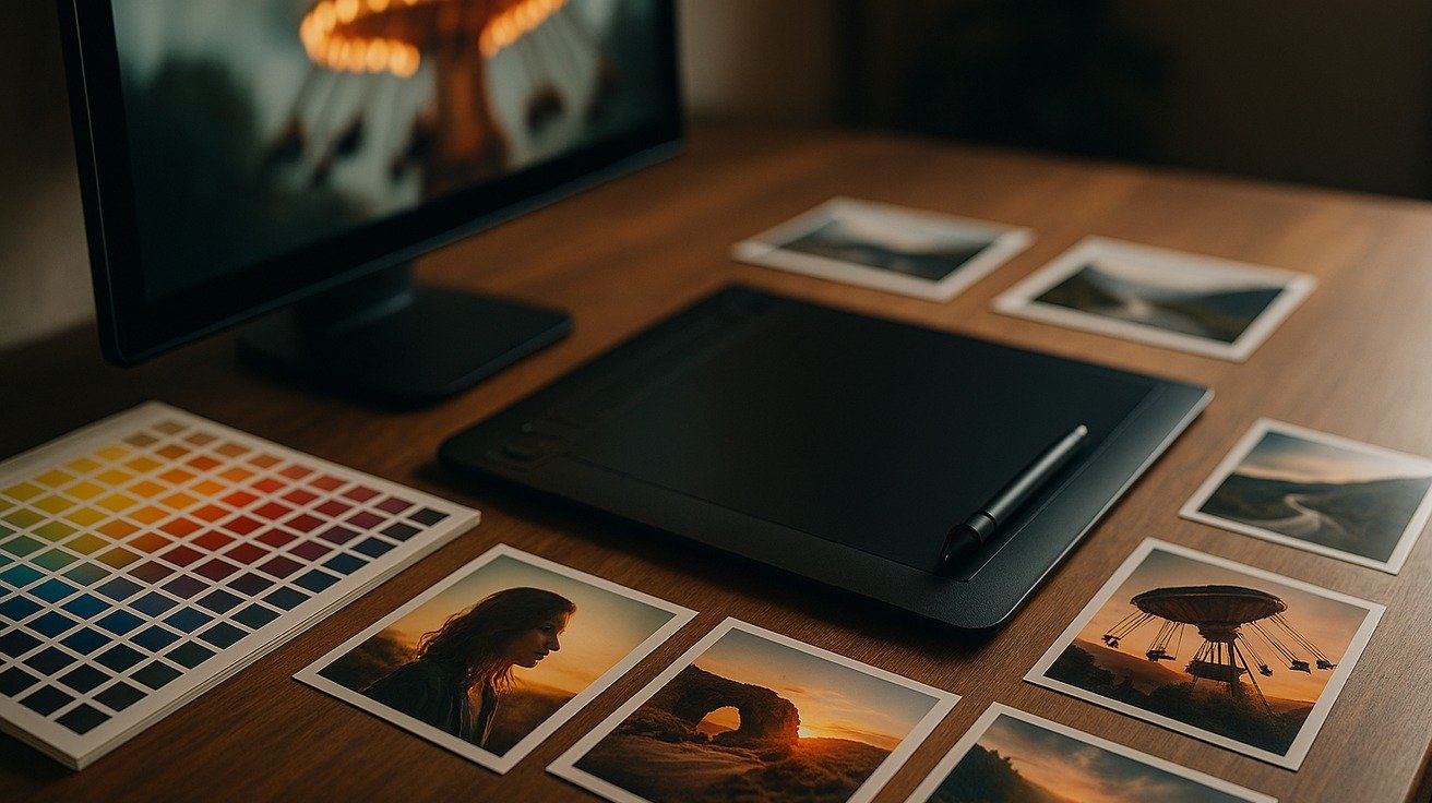 Mesa criativa com tablet gráfico, monitor com composição visual desfocada, amostras de cor, impressões fotográficas e atmosfera editorial de edição de imagem.