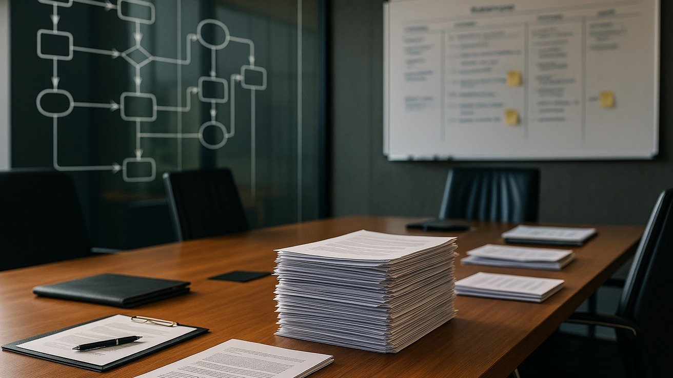 Sala corporativa com quadro estratégico, gráficos e fluxos desfocados, pastas organizadas, mesa de reunião e atmosfera editorial de planejamento administrativo.
