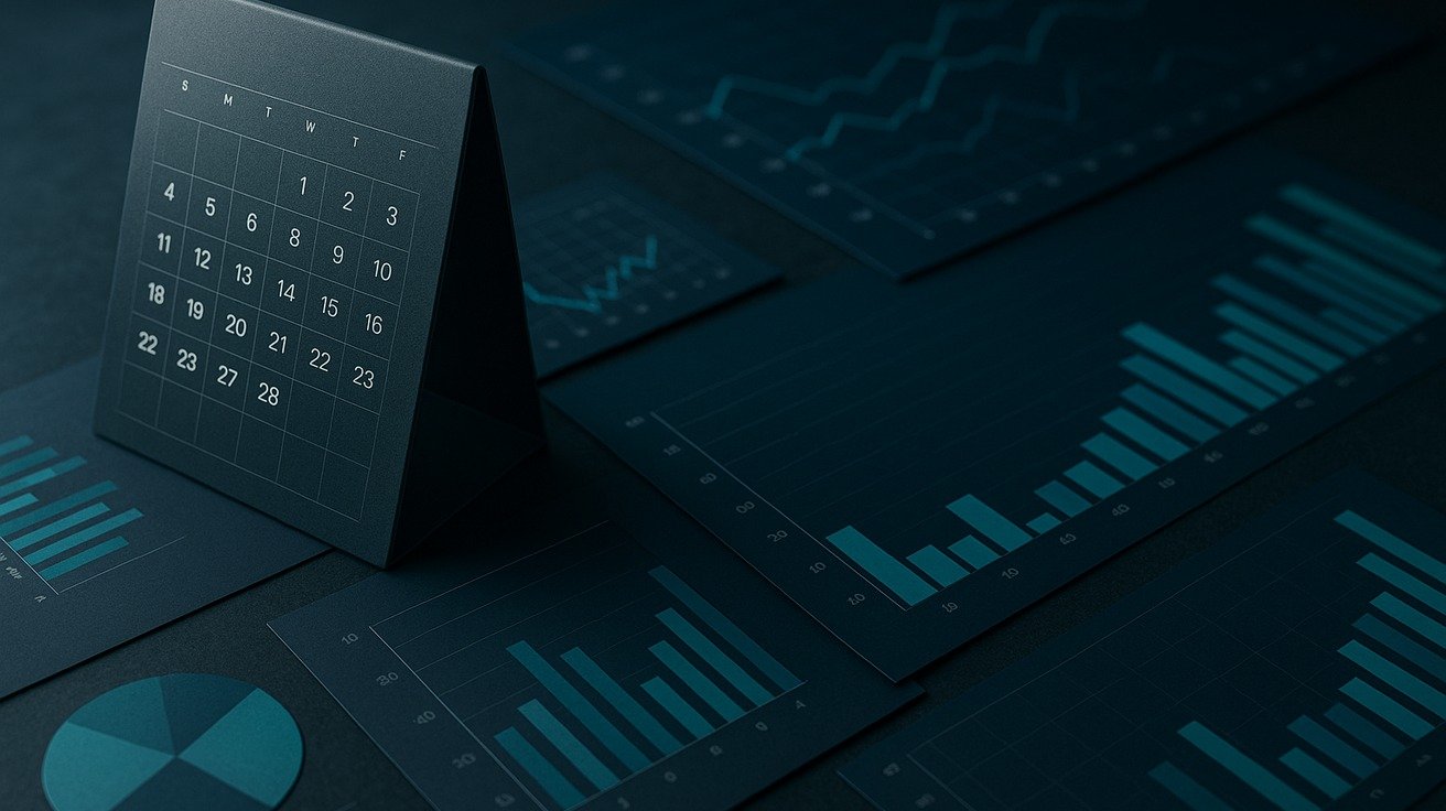 Composição editorial com blocos de cronograma, gráficos de barras desfocados, linhas de dashboard e elementos visuais de análise de dados em azul profundo e verde-petróleo.