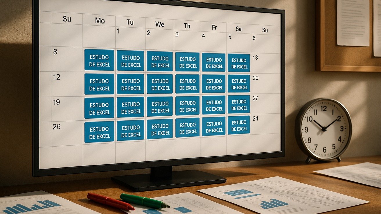 Um calendário digital de um mês exibido em uma tela, com blocos de duas horas marcados como 'Estudo de Excel' durante os dias úteis, ilustrando um planejamento de longo prazo.