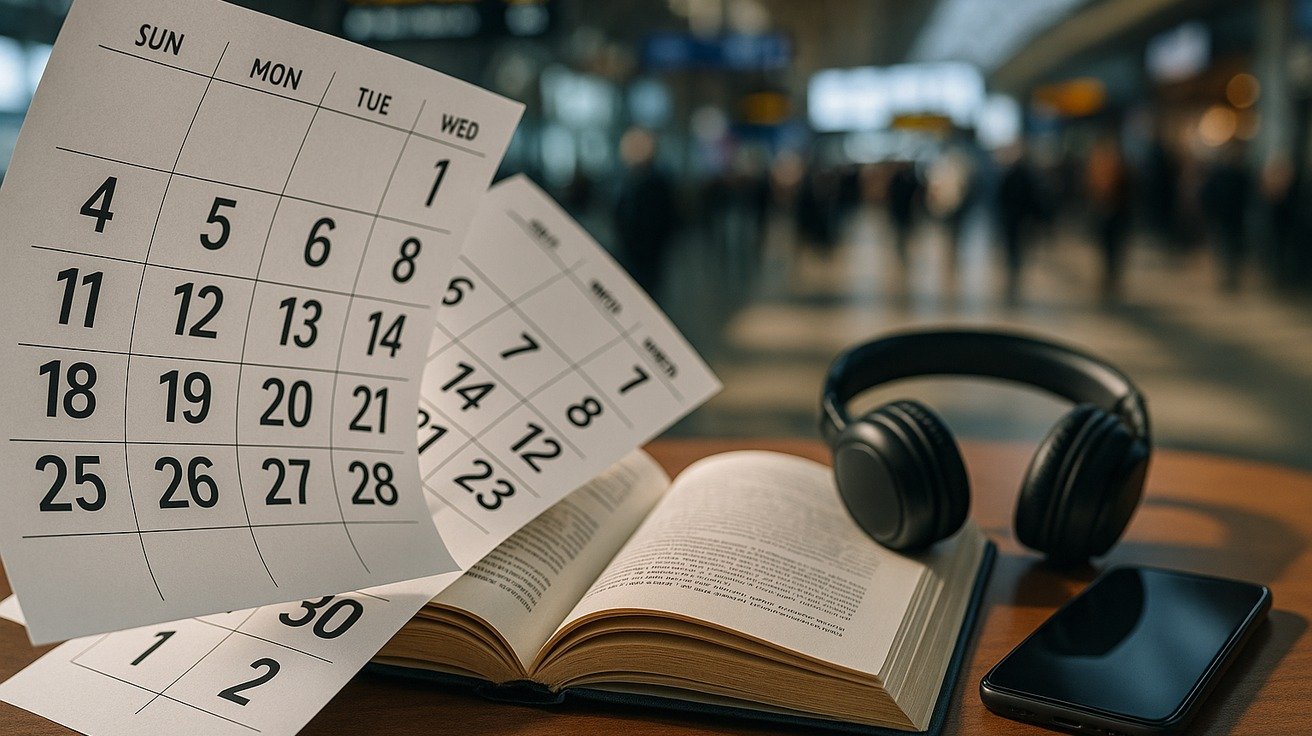 Uma representação visual do tempo passando, com páginas de um calendário se sobrepondo e mostrando a progressão de semanas, simbolizando a duração real de um curso de inglês.