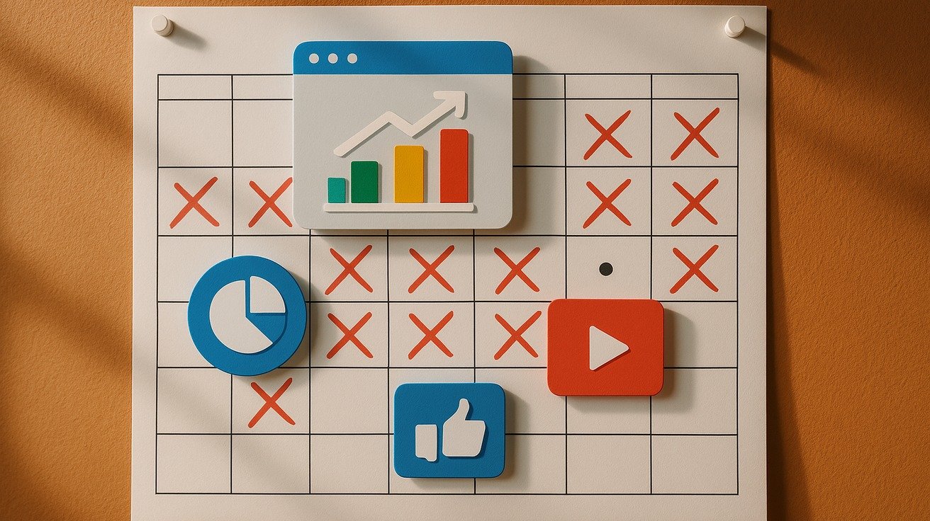 Um calendário de parede com vários dias marcados, sobreposto por ícones digitais de gráficos e mídias sociais, simbolizando o planejamento de um curso de marketing digital ao longo do tempo.