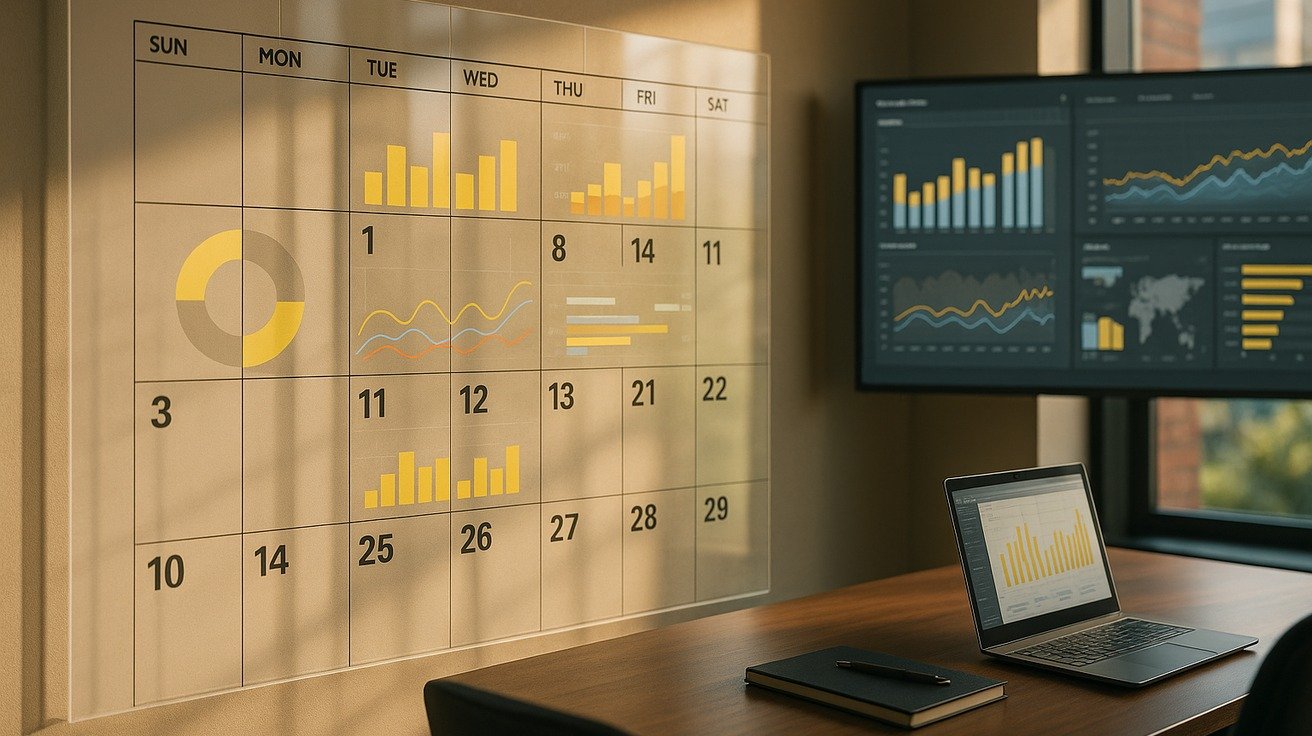Uma sobreposição de um calendário de um mês com gráficos e dashboards de Power BI translúcidos em alguns dos dias, simbolizando o tempo dedicado ao aprendizado de análise de dados.