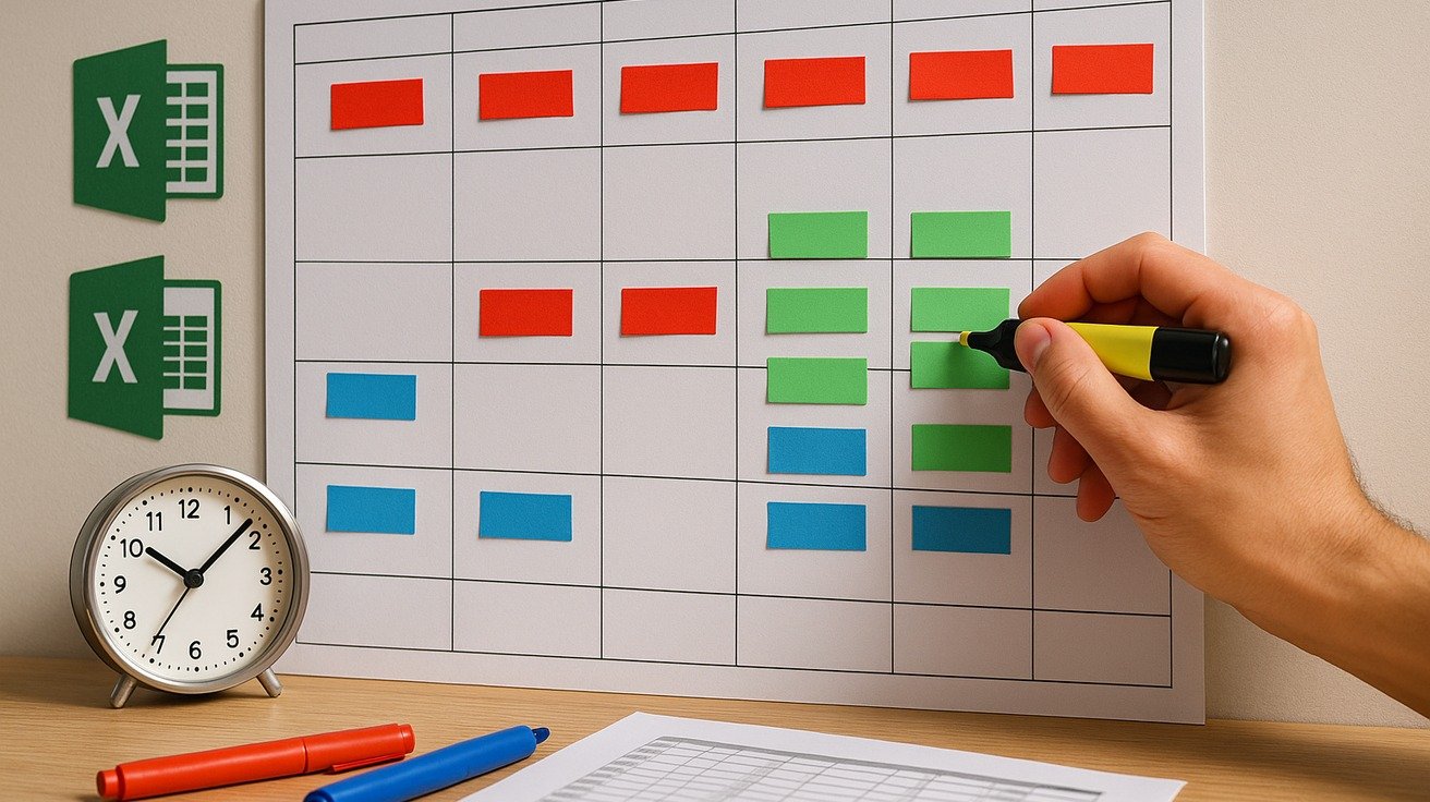 Visualização de um calendário de parede sendo preenchido com blocos de tempo coloridos, representando o progresso em um projeto de longo prazo, com ícones de planilha ao fundo.