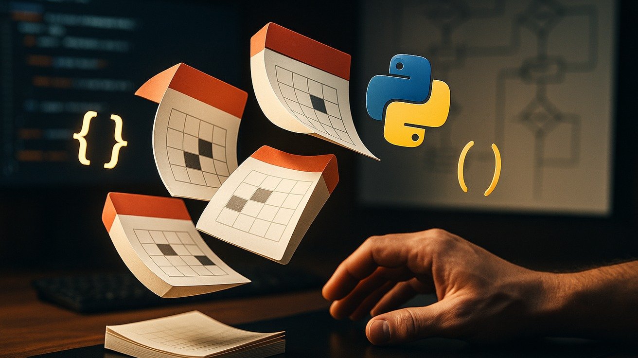 Uma representação visual do tempo se desdobrando, com blocos de calendário e símbolos da linguagem Python, como chaves e parênteses, flutuando de forma organizada.