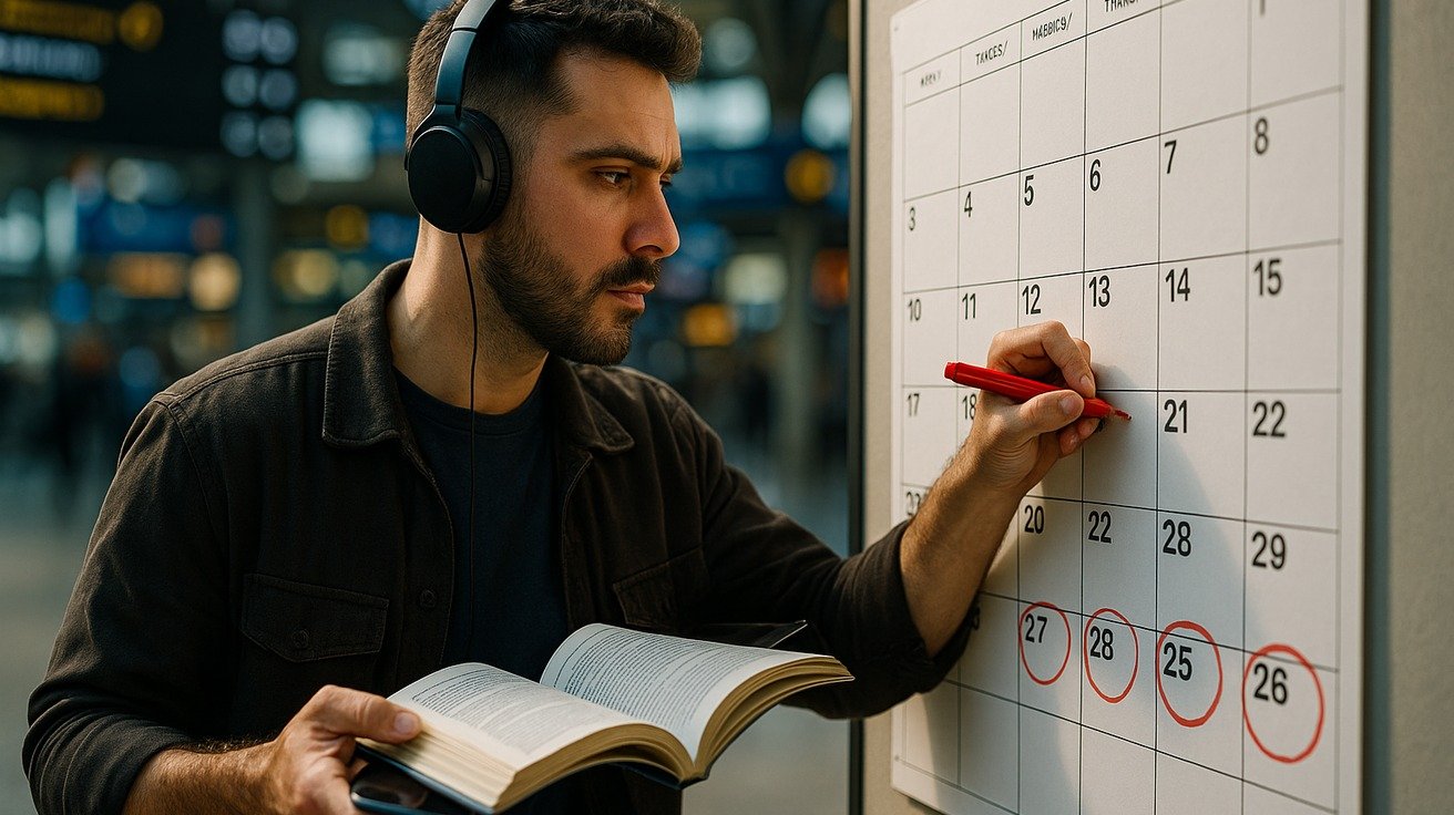 Uma pessoa marcando com círculos vermelhos vários dias em um grande calendário de parede, simbolizando o planejamento e a passagem do tempo para completar um curso.