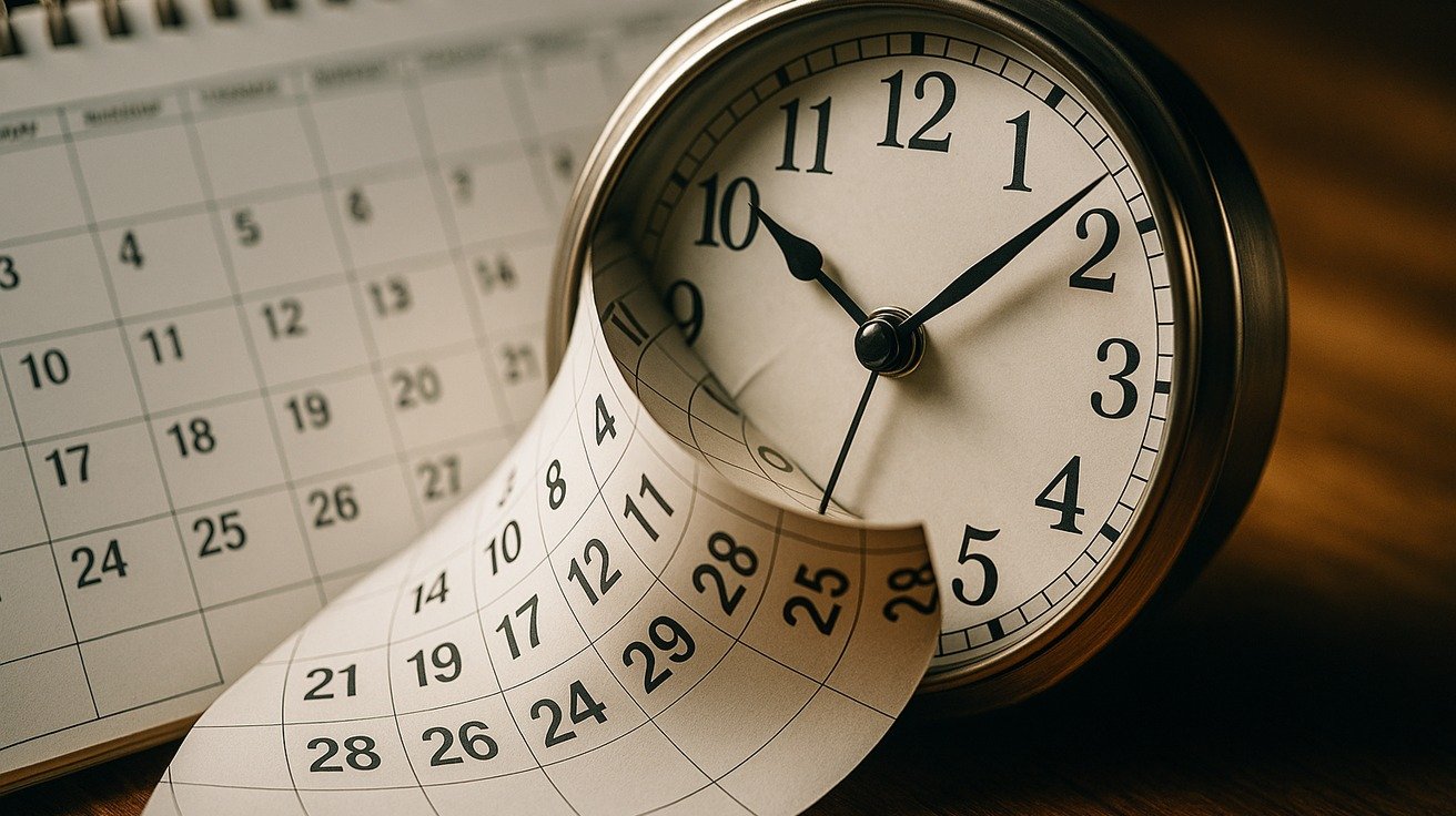 Uma representação visual do tempo se desdobrando, com um calendário e um relógio se fundindo para mostrar a passagem realista de semanas para completar um curso de 40 horas.