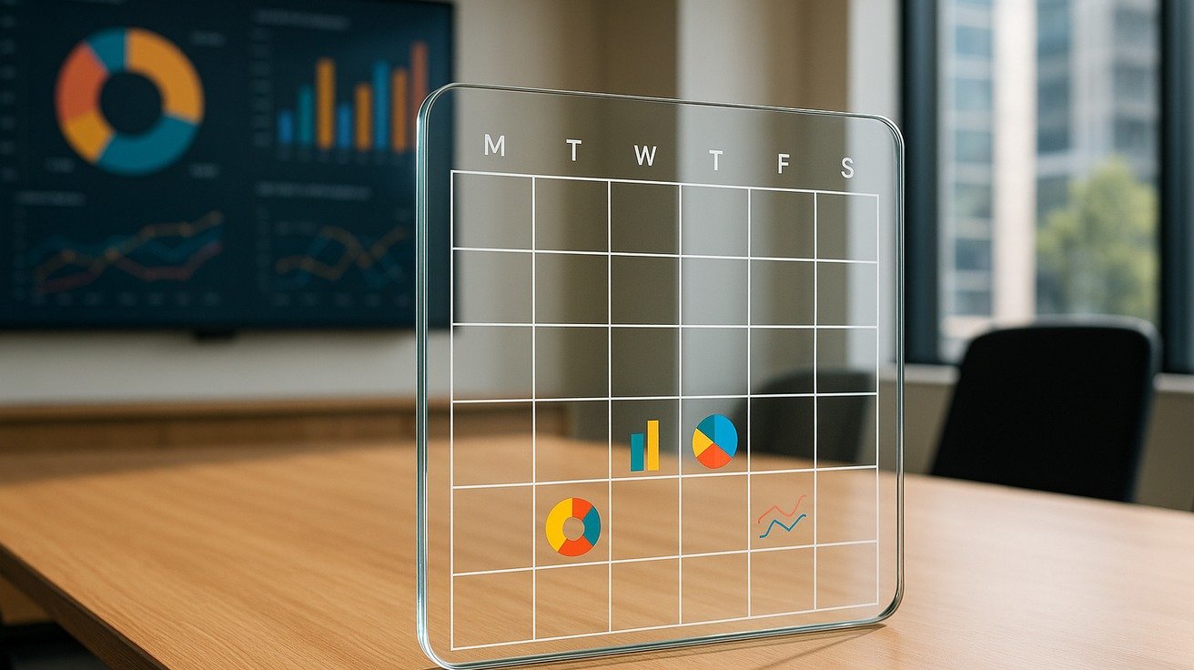 Um calendário de vidro translúcido com alguns dias marcados por gráficos de dados coloridos e abstratos, simbolizando o planejamento de tempo para aprender uma ferramenta de análise de dados.