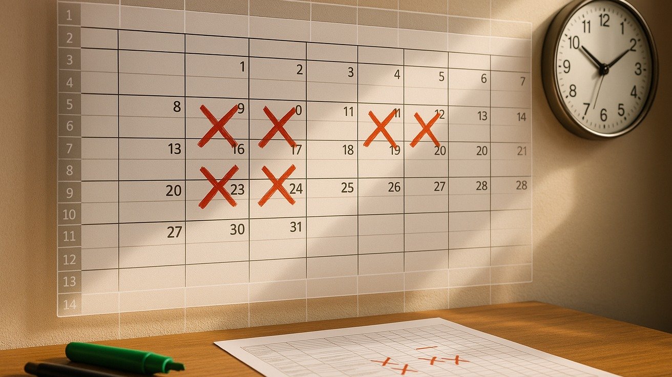 Um calendário de parede com vários dias marcados, sobreposto por uma grade de planilha translúcida, simbolizando o planejamento de um curso de Excel ao longo do tempo.