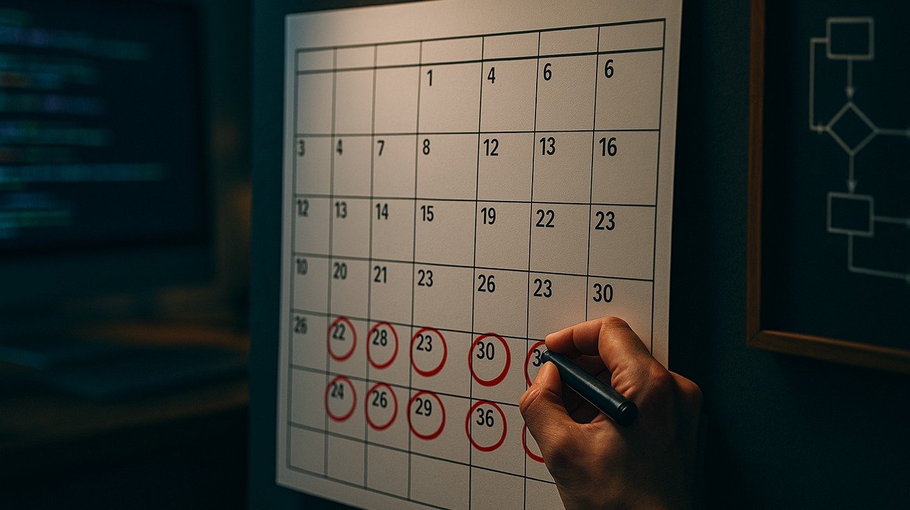 Um calendário de parede com várias semanas visíveis. Círculos vermelhos marcam uma sequência consistente de dias, representando um plano de estudo de longo prazo. O foco está na jornada contínua e não em um único dia.