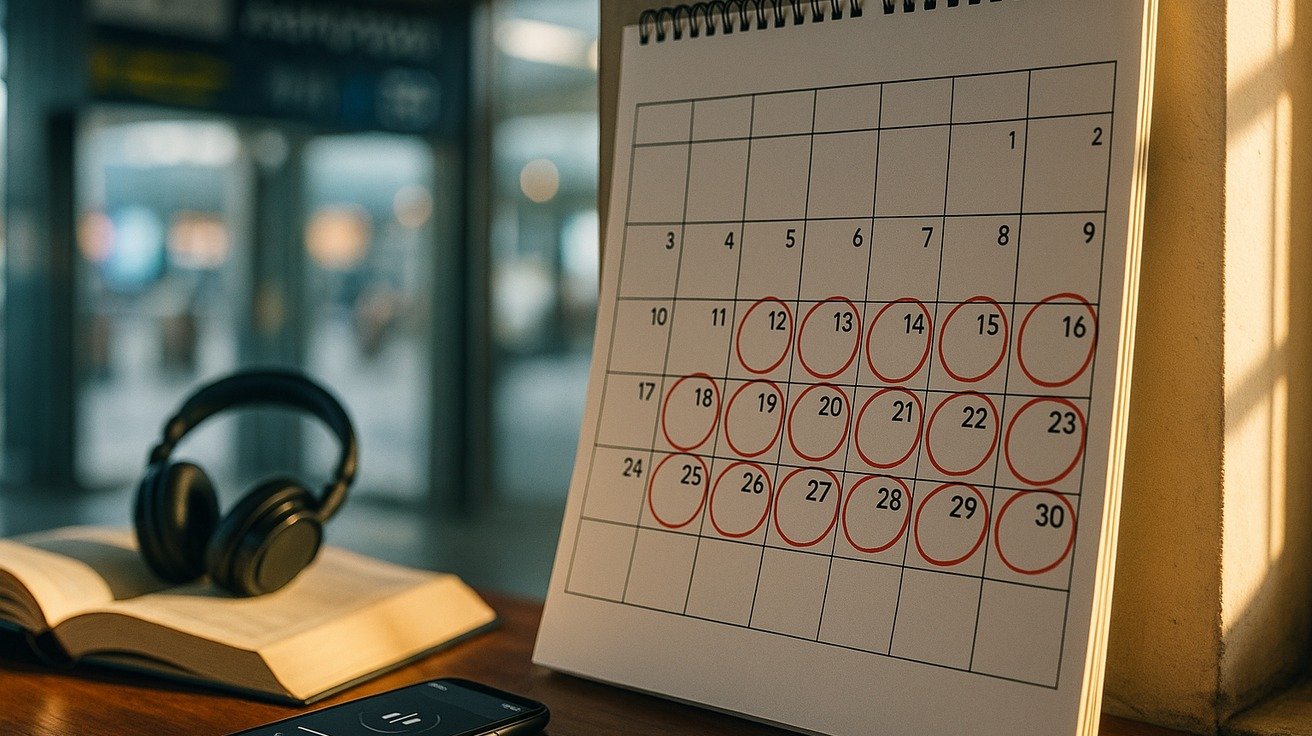 Uma fotografia de um calendário de parede com vários dias circulados, mostrando a progressão de um plano de estudos ao longo de um mês, com a luz do sol entrando pela janela e iluminando a cena.