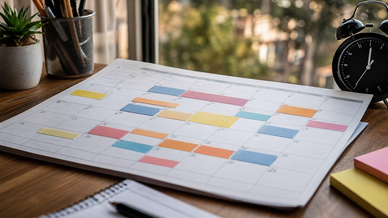 Uma visualização de um calendário mensal onde os dias estão marcados com blocos coloridos de tamanhos diferentes, simbolizando a distribuição de 40 horas de estudo de marketing digital ao longo de semanas.