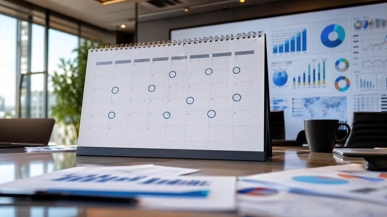 Um calendário de parede com vários dias circulados espaçadamente ao longo de três meses, ilustrando um plano de estudos de longo prazo e realista.