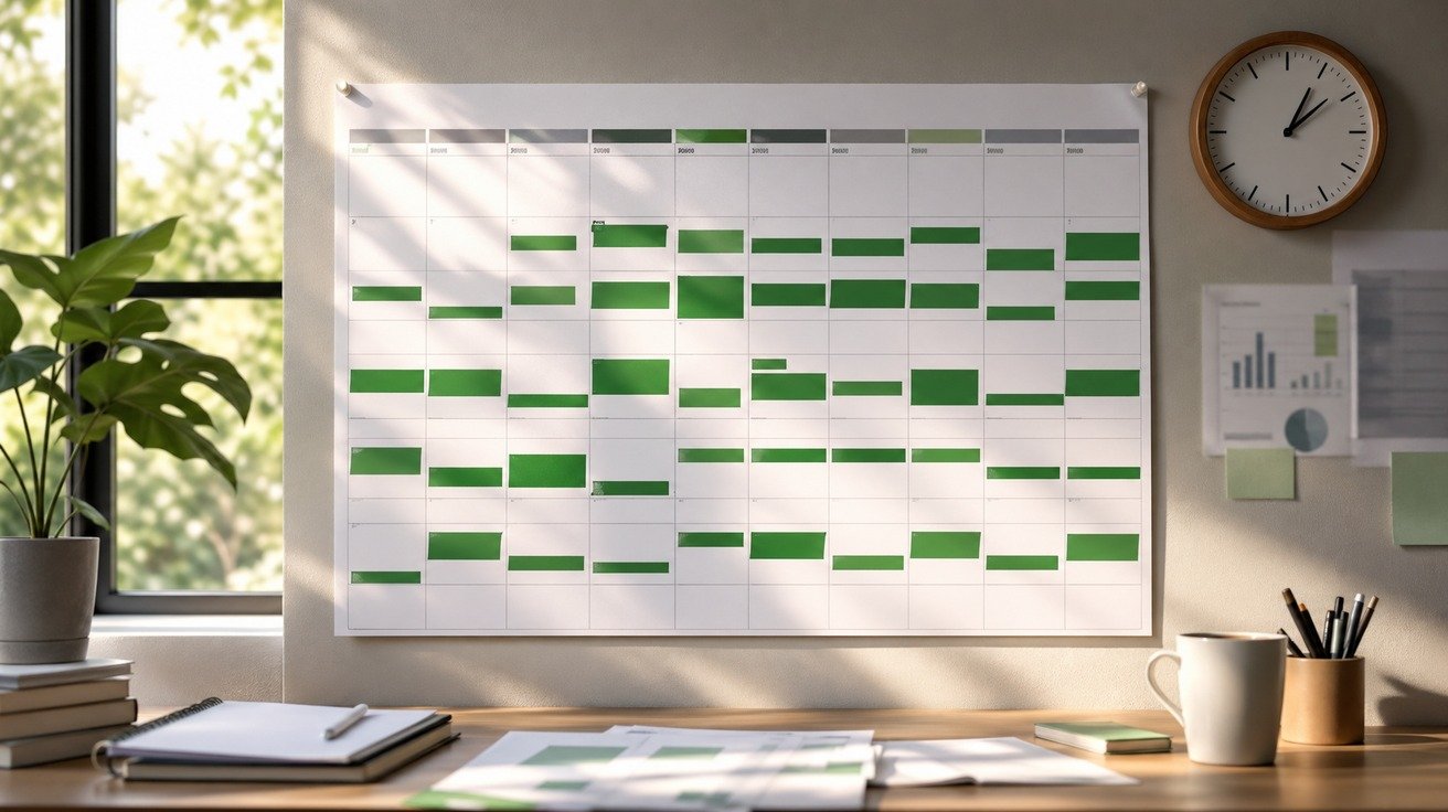 Visualização de um calendário de parede com blocos de tempo verdes marcando um padrão de estudo ao longo de várias semanas, simbolizando o planejamento de um projeto de aprendizado.
