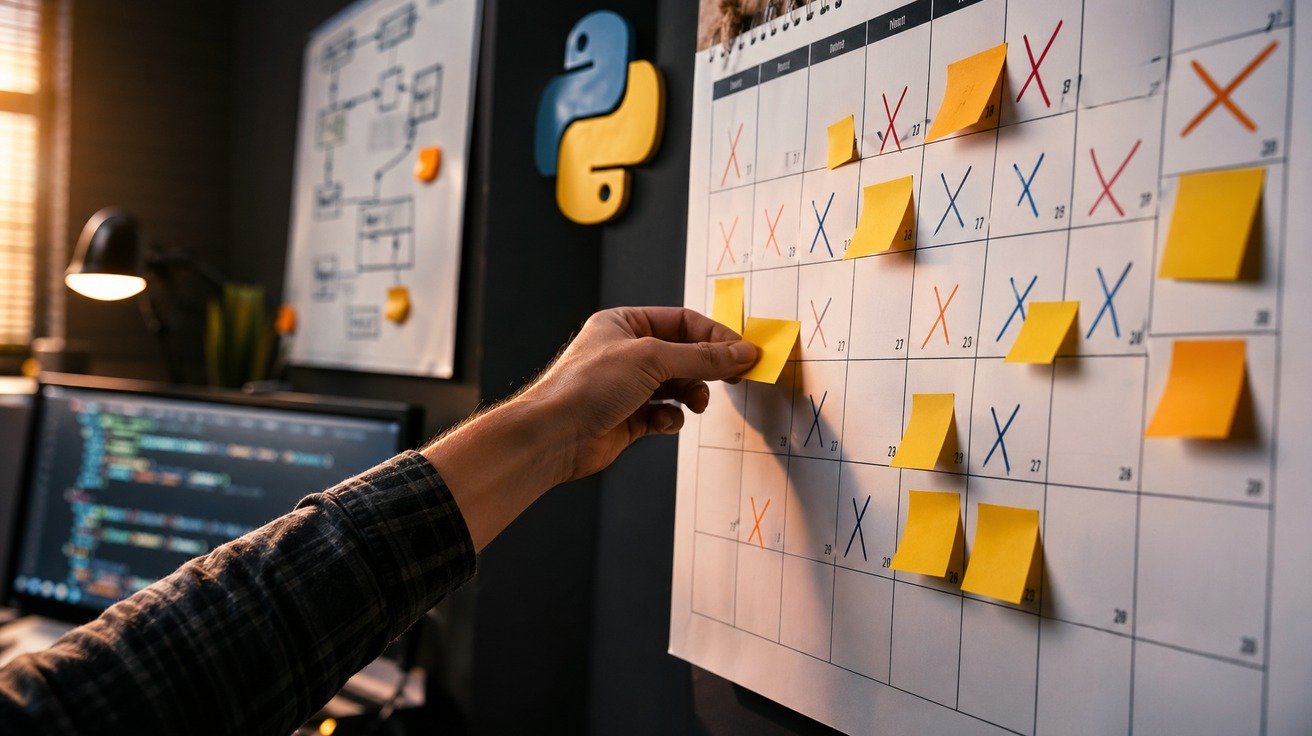 Um calendário de parede com vários dias marcados, simbolizando o planejamento e o tempo necessário para aprender Python, com ícones da linguagem Python sobrepostos sutilmente.