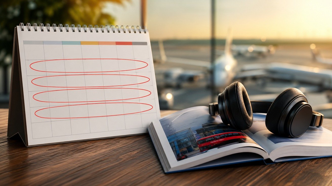 Um calendário de parede com quatro semanas circuladas, simbolizando o planejamento de um mês. Ao lado, um par de fones de ouvido e um livro de inglês repousam sobre uma mesa, indicando um plano de estudo consistente.