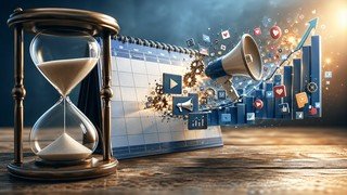 Uma representação visual do tempo se transformando em um calendário, com ícones de marketing digital como engrenagens, megafones e gráficos crescendo ao longo dos dias.