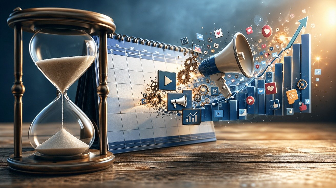 Uma representação visual do tempo se transformando em um calendário, com ícones de marketing digital como engrenagens, megafones e gráficos crescendo ao longo dos dias.
