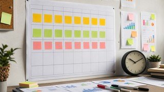 Uma visão aérea de um calendário de parede minimalista, onde blocos de estudo de 3 horas estão marcados com adesivos coloridos ao longo de três semanas, de segunda a sexta, ilustrando a conversão de horas de curso em um cronograma real.