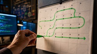 Um calendário de parede analógico onde os dias estão sendo conectados por uma linha verde vibrante que se assemelha a uma serpente, simbolizando o progresso constante no aprendizado da linguagem Python ao longo do tempo.