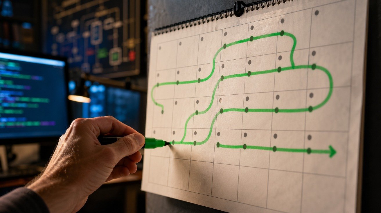 Um calendário de parede analógico onde os dias estão sendo conectados por uma linha verde vibrante que se assemelha a uma serpente, simbolizando o progresso constante no aprendizado da linguagem Python ao longo do tempo.