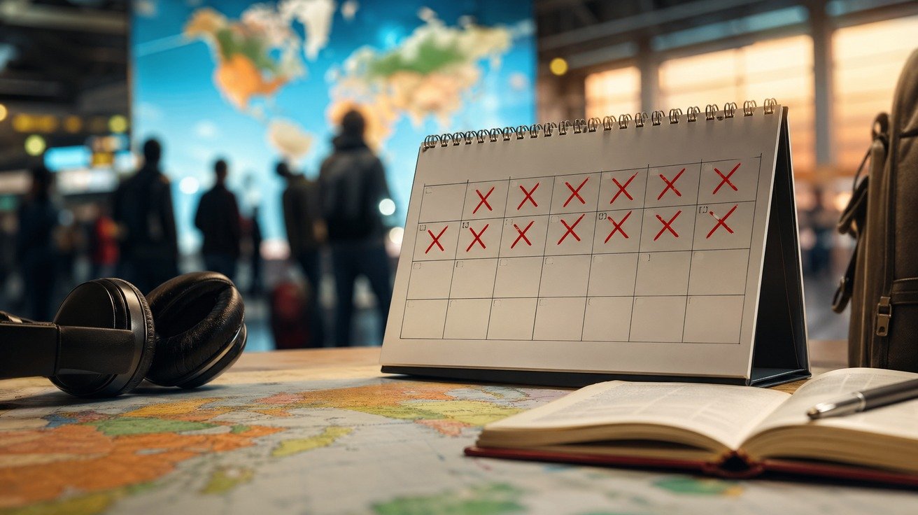 Um calendário de parede com vários dias marcados, sobreposto a um mapa-múndi desfocado, simbolizando o planejamento de uma jornada de aprendizado de idiomas.