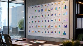 Um calendário de parede onde os dias são preenchidos com gráficos de barras e pizza coloridos, simbolizando o progresso em um curso de Power BI ao longo do tempo.