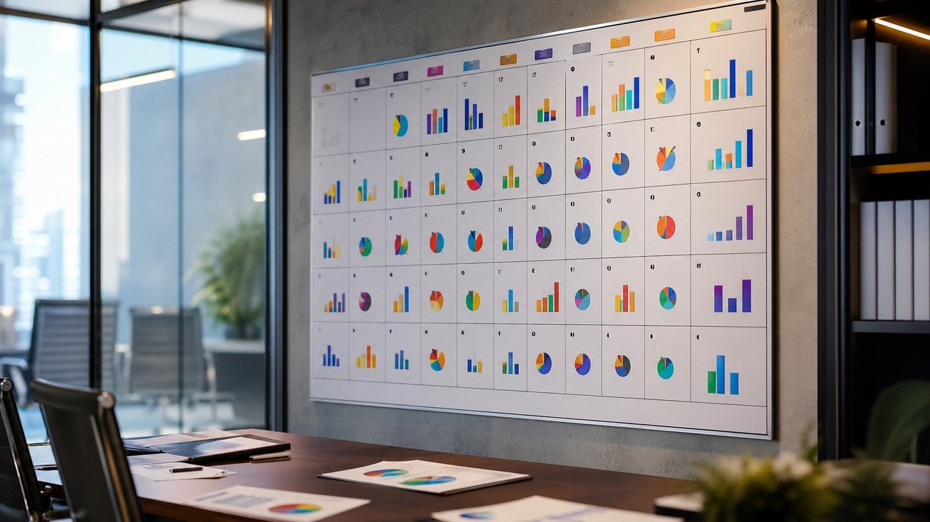 Um calendário de parede onde os dias são preenchidos com gráficos de barras e pizza coloridos, simbolizando o progresso em um curso de Power BI ao longo do tempo.