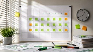 Ilustração de um calendário mensal mostrando um plano de estudos realista para um curso de 40 horas de Excel, com dias de progresso marcados e dias de pausa.