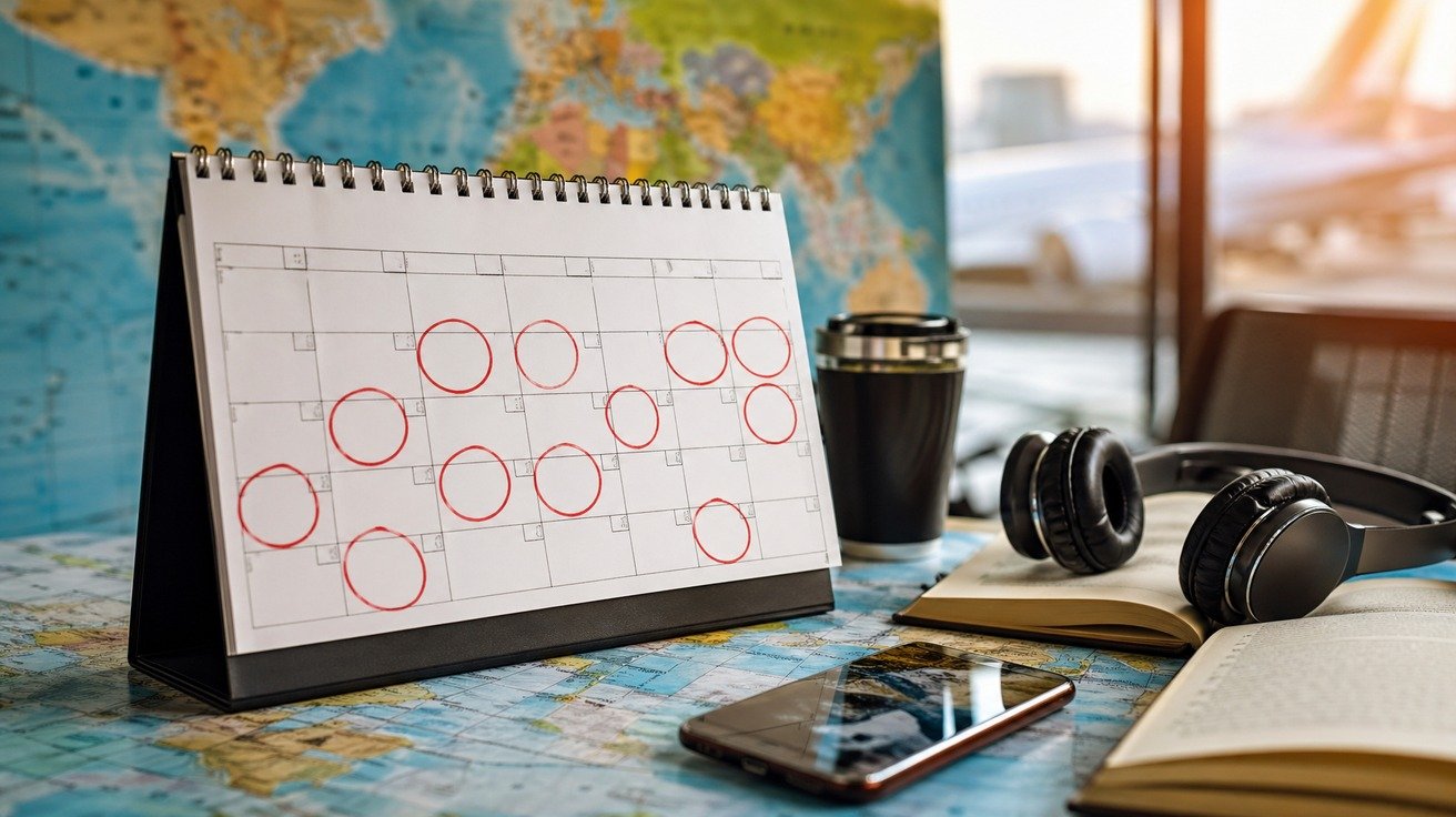 Páginas de um calendário de parede com vários dias circulados em vermelho, sobrepostas a um mapa-múndi desfocado ao fundo, simbolizando o planejamento de uma jornada de aprendizado de idiomas.