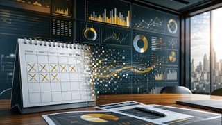 Um calendário de mesa com alguns dias marcados se transforma gradualmente em um complexo gráfico de dashboard, simbolizando o planejamento de tempo para aprender análise de dados.