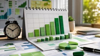 Uma visualização de dados abstrata em 3D com barras e gráficos que se transformam em um calendário, simbolizando a organização do tempo para aprender Excel.