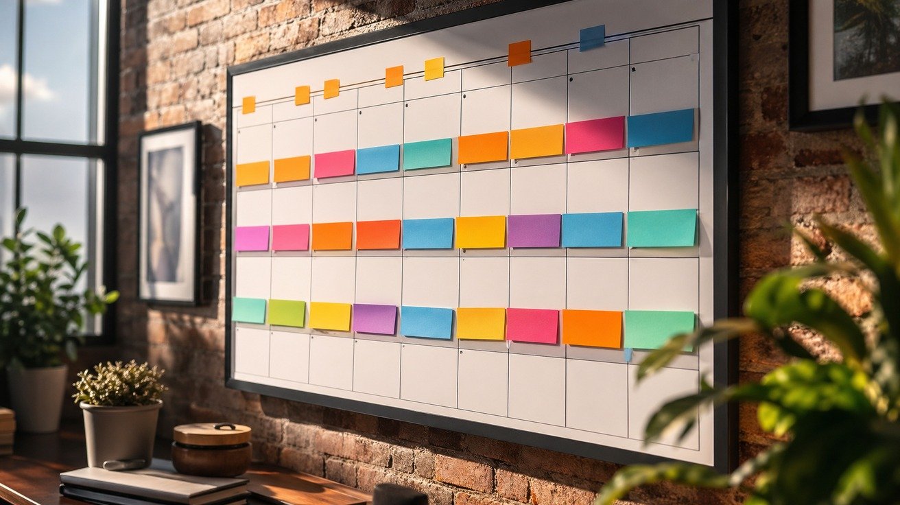 Uma representação visual de um calendário de parede sendo preenchido com blocos de tempo coloridos, simbolizando o planejamento de um curso de marketing digital ao longo de várias semanas.