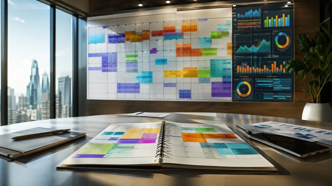 Visualização de um calendário físico com blocos de tempo coloridos e translúcidos sobrepostos, representando a organização complexa de um cronograma de estudos de Power BI em meio a outras atividades da vida.