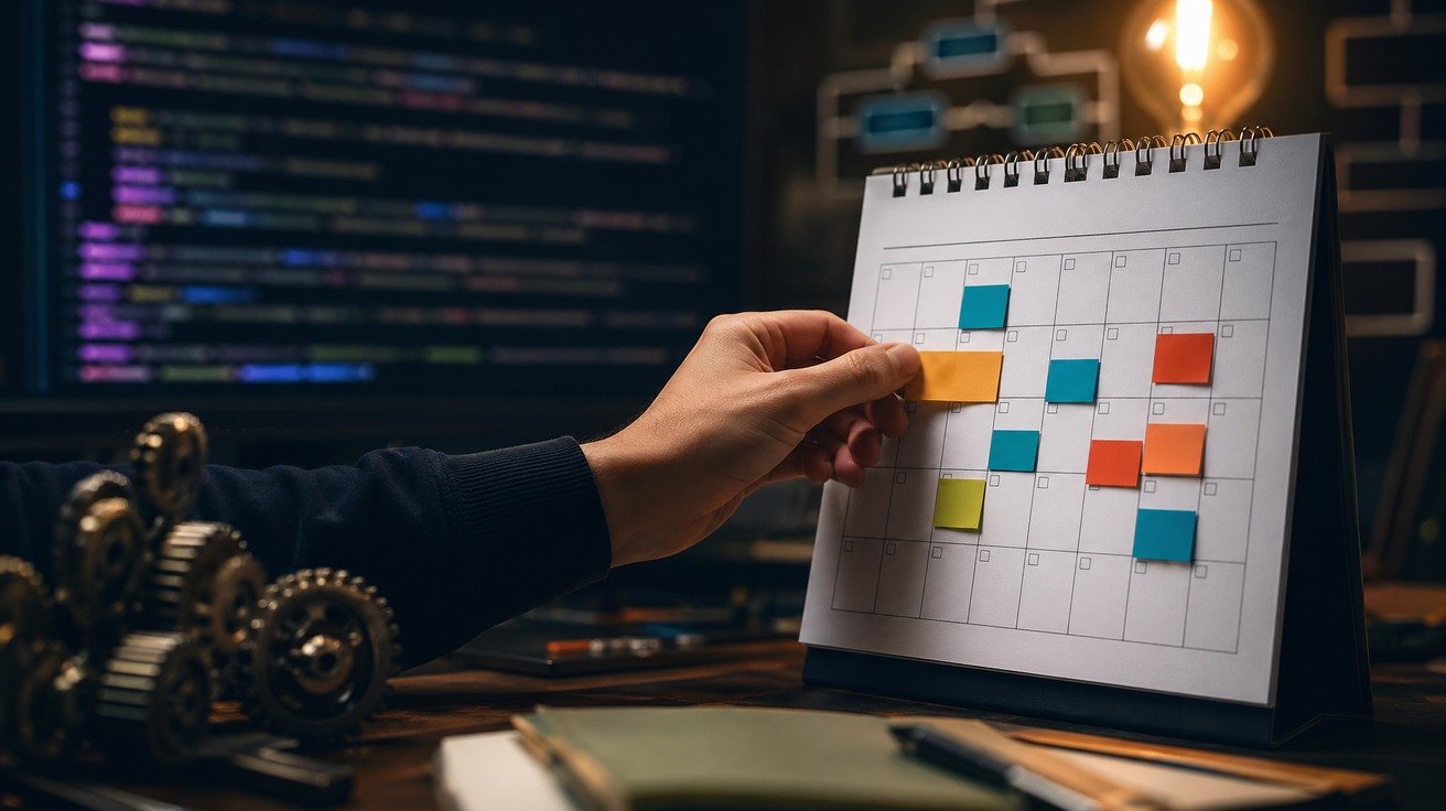 Uma representação visual de um calendário sendo preenchido com blocos de tempo coloridos, simbolizando a organização e o progresso no aprendizado de Python, com ícones sutis de engrenagens e código.