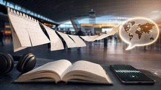 Um caminho formado por páginas de um calendário que se desdobram, levando em direção a um ícone de um balão de fala com um mapa-múndi dentro, simbolizando a jornada no tempo para aprender inglês e se comunicar globalmente.