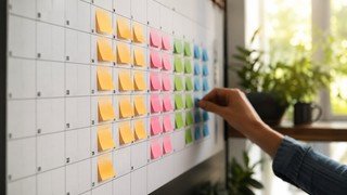 Visualização de um calendário de parede com blocos de tempo coloridos representando 3 horas de estudo diário, espalhados por várias semanas, ilustrando o planejamento de um curso de marketing digital.