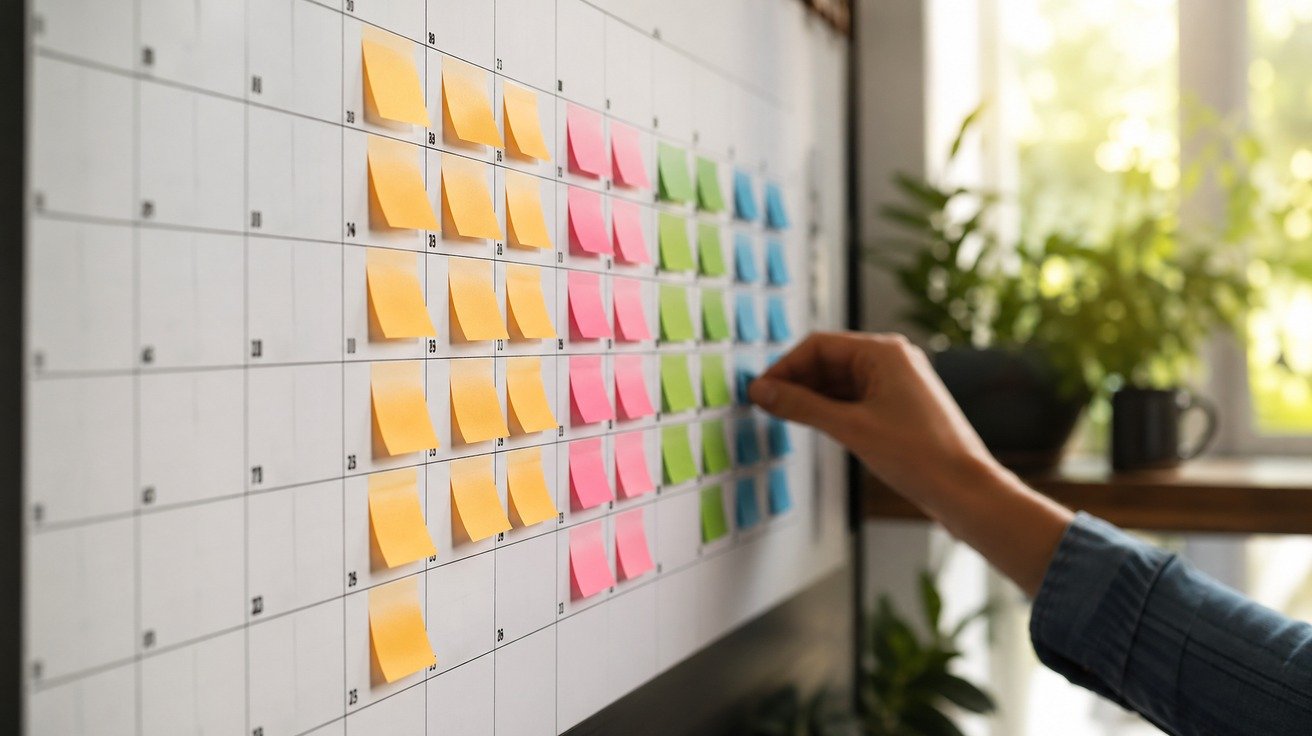 Visualização de um calendário de parede com blocos de tempo coloridos representando 3 horas de estudo diário, espalhados por várias semanas, ilustrando o planejamento de um curso de marketing digital.