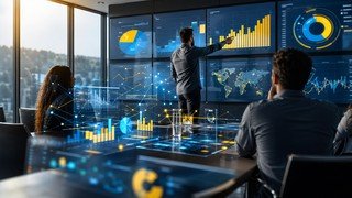 Visualização de dados abstrata com gráficos e linhas de conexão em tons de azul e amarelo, representando o fluxo de informações sendo organizado e analisado pelo Power BI.