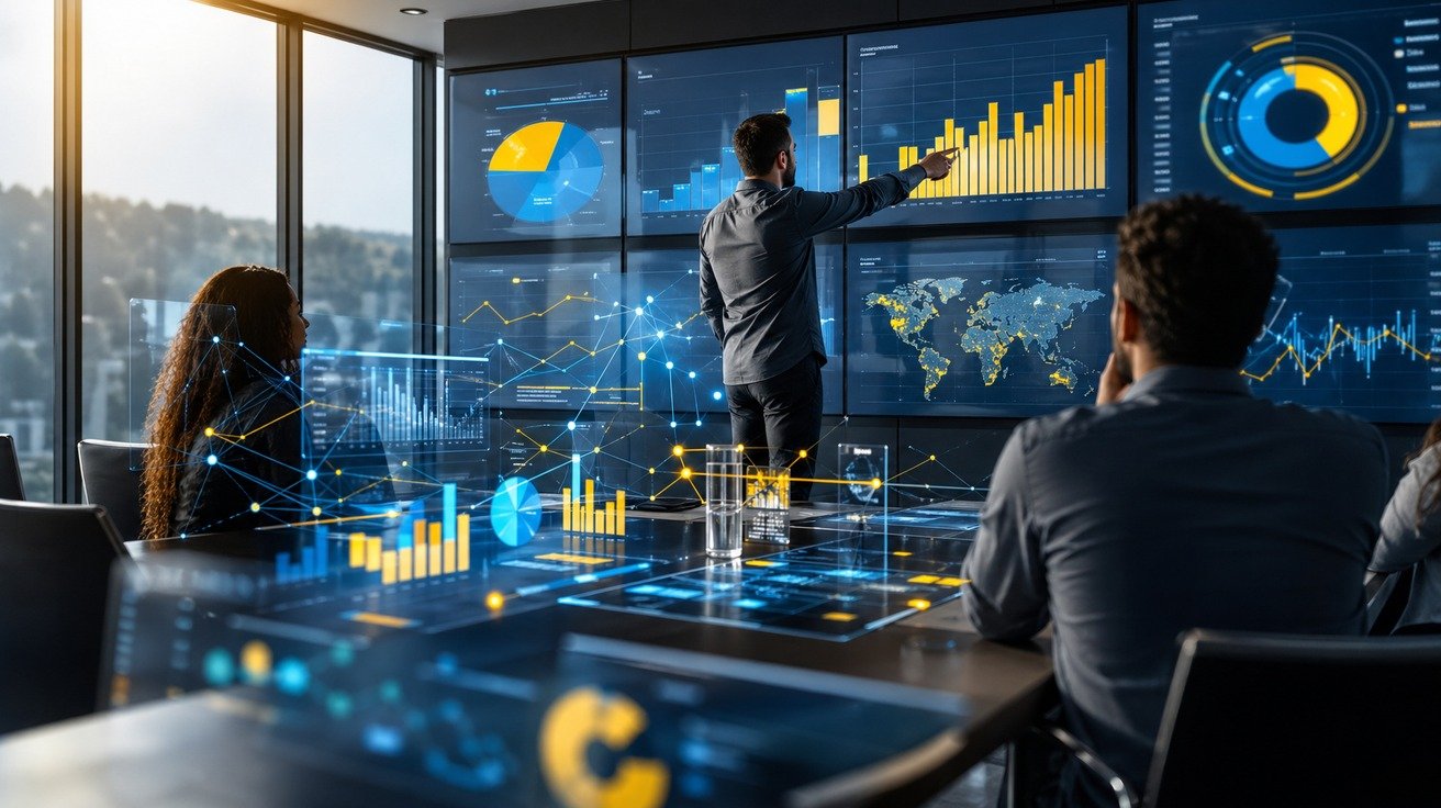 Visualização de dados abstrata com gráficos e linhas de conexão em tons de azul e amarelo, representando o fluxo de informações sendo organizado e analisado pelo Power BI.