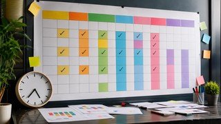 Um calendário de parede moderno onde os números dos dias são representados por células de planilha, ilustrando a conversão de 40 horas de estudo em um cronograma real.