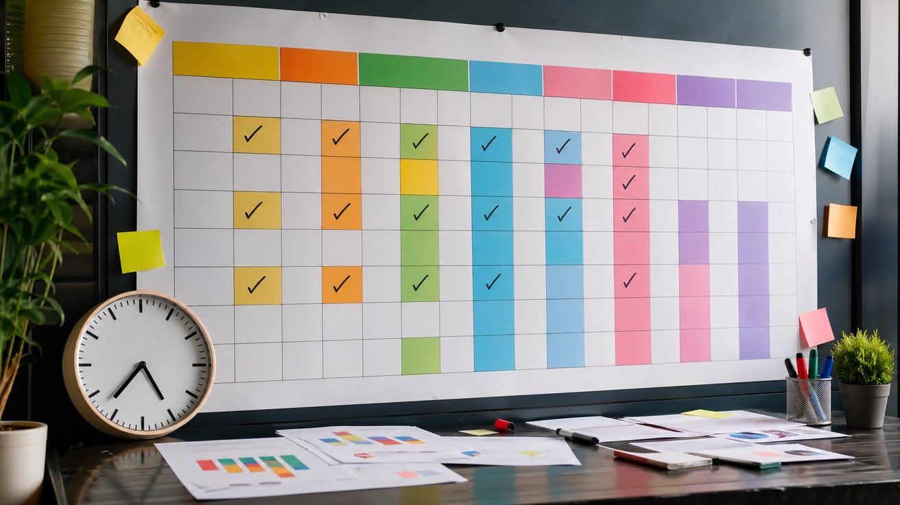 Um calendário de parede moderno onde os números dos dias são representados por células de planilha, ilustrando a conversão de 40 horas de estudo em um cronograma real.