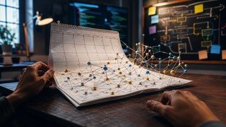 Um calendário conceitual cujas páginas se desdobram em uma complexa rede de conexões e nós, simbolizando a conversão de dias em um processo de aprendizado profundo e não-linear.