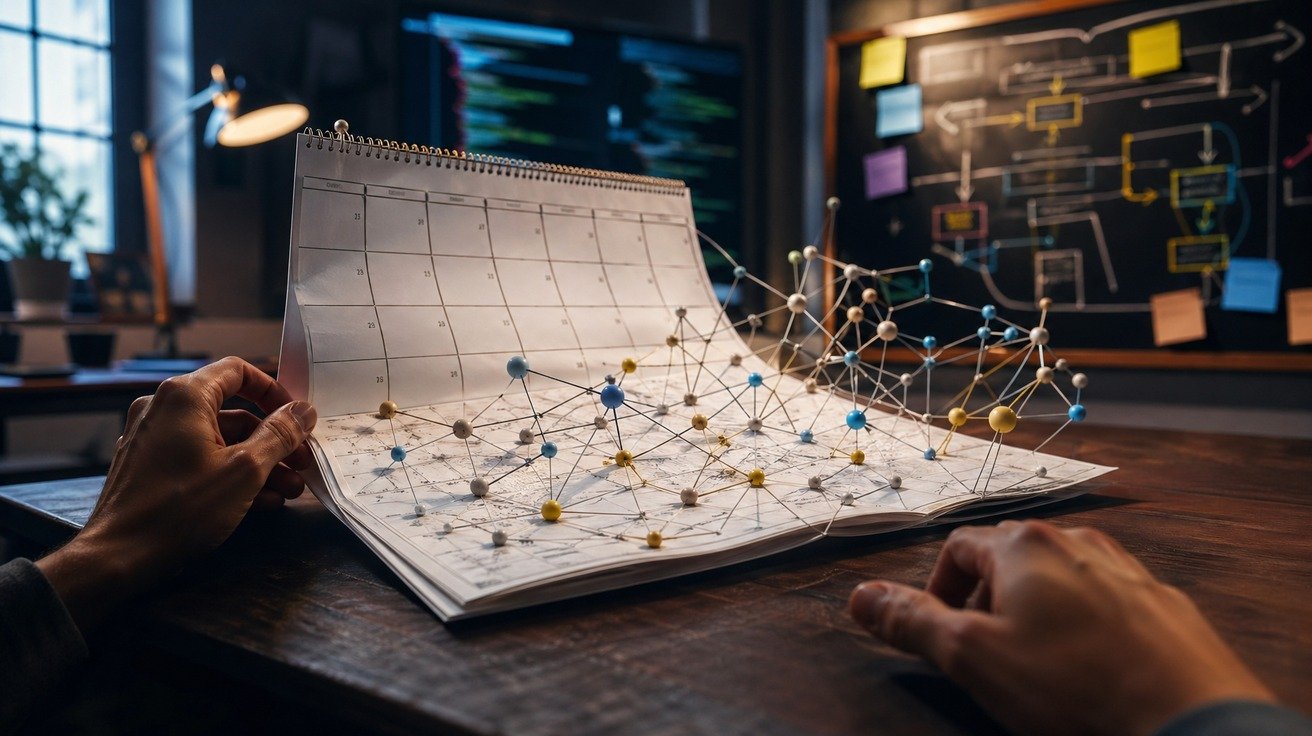 Um calendário conceitual cujas páginas se desdobram em uma complexa rede de conexões e nós, simbolizando a conversão de dias em um processo de aprendizado profundo e não-linear.